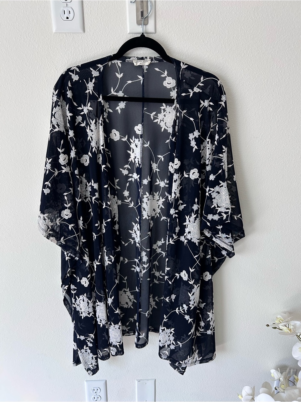 Brittany Black Sheer Black Kimono Jacket with White Floral textured
